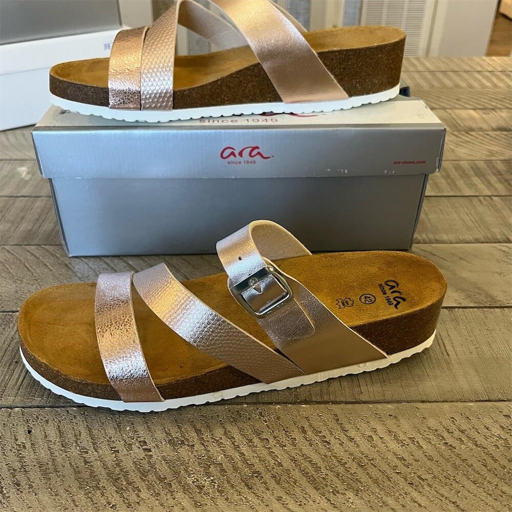 Ara Women's Slide Sandals Gold Strappy Cork‎ Footbed Size 10.5 (EU 42)